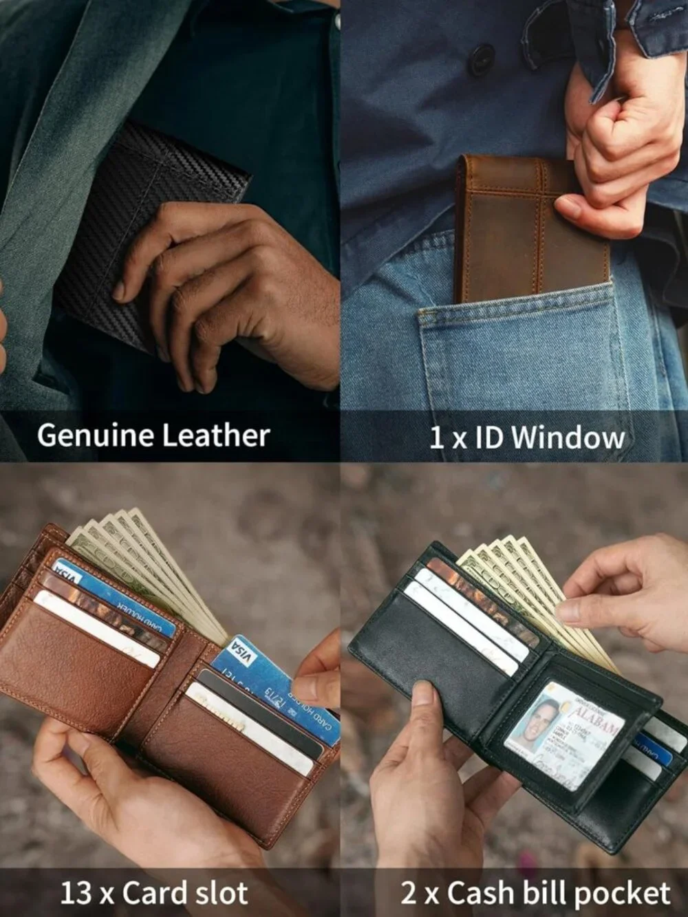 Genuine Leather Bifold Wallet for Men | RFID Blocking, 13 Card Holders, Gift Box